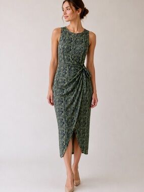 100% Silk Snake Print August Hale Side Tie Maxi Dress Size 6 Green